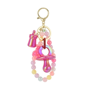Colorful alphabet bead keychain with iridescent milk bottle and pacifier pendants