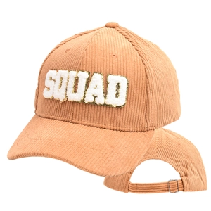Detail view of corduroy baseball cap with SQUAD plush patch and metal back buckle