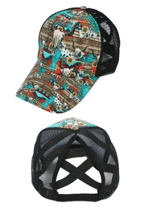 Detail of high ponytail baseball cap with criss-cross elastic bands and western floral print