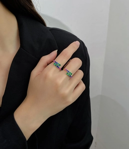 Close-up of dual-row open rings with colorful zircon pavé in gold plated S925 silver