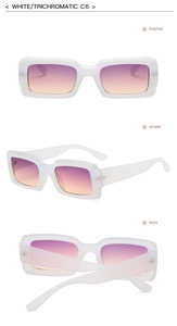 Detailed views of white translucent rectangular sunglasses with purple gradient lenses