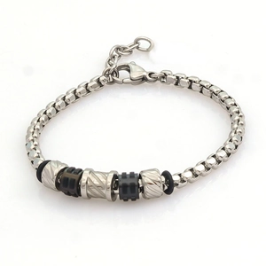 Men's stainless steel Cuban link bracelet with black and silver cylindrical beads