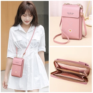 Pink multi-functional crossbody phone bag with floral embroidery and wallet slots