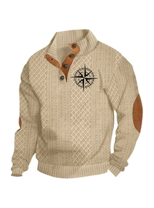 Details van beige gebreide trui met imitatielederen bies op de kraag en ellebogen