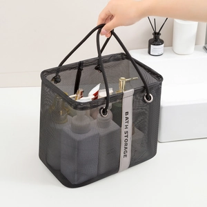 Portable black mesh shower caddy bag with sturdy handles for bathroom bath storage