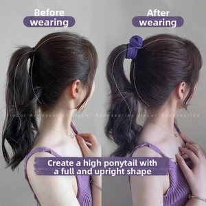 Detailed comparison showing high elastic purple scrunchie lifting a ponytail for volume