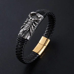 Men's punk scorpion braided leather bracelet with golden magnetic buckle clasp