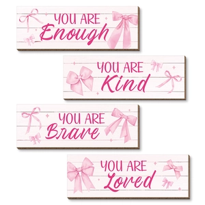 Set of 4 bohemian pink wood wall signs with motivational quotes and bow patterns