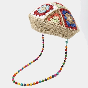 Béret Crochet Fait Main Bohème Paille Respirant Avec Cordon Amovible En Chaîne De Perles En Bois Colorées Pour Femme