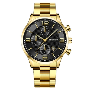 Cronógrafo para hombre de acero dorado con esfera negra y función de fecha