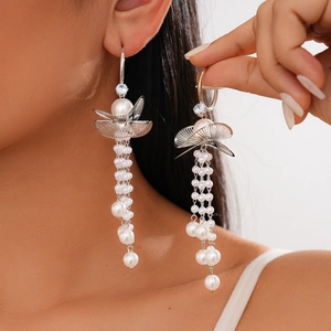 Silver drop earrings with pearl wing design and long cascading fringe tassels for women