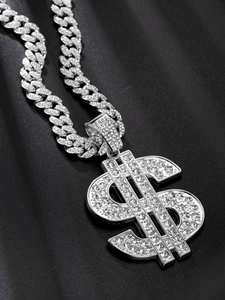 Close-up of hip hop silver Cuban chain with rhinestone dollar sign pendant