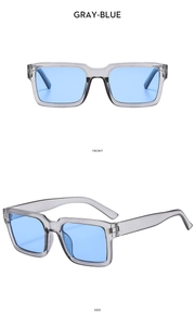 Front and side views of stylish gray-frame square sunglasses with blue lenses