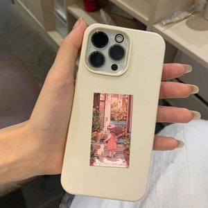 Off-white iPhone case with warm girl and cat anime illustration held by hand