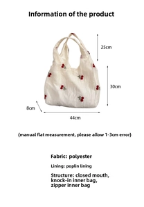 Detailed dimensions of cherry embroidered mesh tote bag with polyester and poplin material