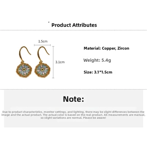 Detail of vintage flower drop earrings with colorful zircon and size 3.1x1.5cm info