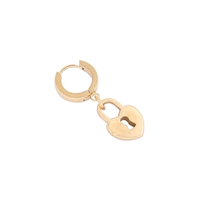 Macro detail of gold-plated heart lock pendant with mirror-finish on small hoop earring