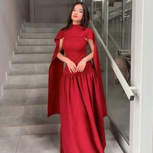 Elegant red satin long dress with shawl collar design and slim fit silhouette