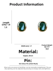 Detail view of oval emerald zircon earrings with dimensions and S925 silver post markings