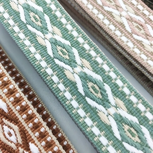 Macro shot of 3.8cm wide jacquard straps showing geometric embroidery and fabric texture