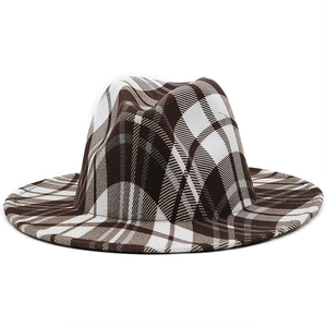 Detail of classic brown and white plaid felt fedora with 9.5cm wide brim and flat top crown