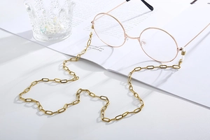Detail of gold rectangular paperclip chain with silicone loops for glasses or masks
