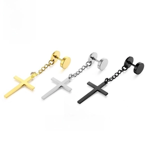 Three-piece punk style stainless steel cross chain stud earrings in gold silver and black