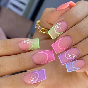 Press On Nails French Tip Star Pattern Gradient Matte Frosted Artificial Fake Nails Square Shape For Women