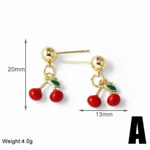 Detail view of red cherry earrings showing dimensions 20mm by 13mm and 4.0g weight