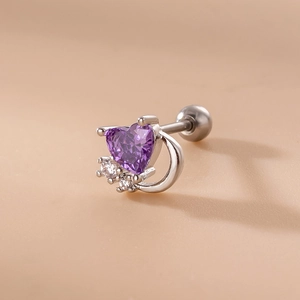 Detailed close-up of a silver heart stud earring with purple zircon and moon accents