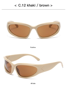 Dual view of khaki sports cycling sunglasses with brown lenses from front and side angles