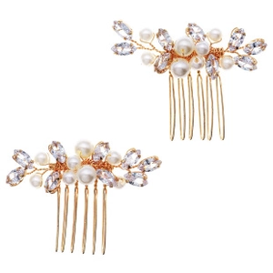 Detailed macro view of handmade gold bridal hair combs with white pearls and crystals