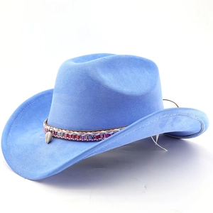 Detail of light blue suede cowboy hat with colorful woven band and white shell decoration