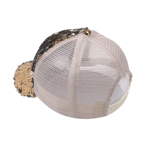 Sparkly gold and black sequin trucker hat with breathable beige mesh and snapback closure