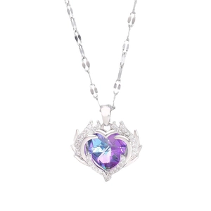 Titanium steel heart necklace featuring purple-blue gradient crystal and pavé accents
