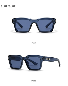 Front and 45-degree side view of blue square sunglasses with metal geometric accents