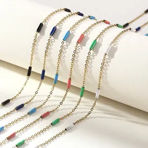 Collier Chaîne En Acier Inoxydable Perle Émail Coloré Mode Simple Femmes Minimaliste Fait À La Main Décoration Cylindrique Fine
