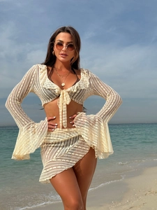Sexy cream lace mesh four-piece bikini swimsuit set with ruffles and tie-front top