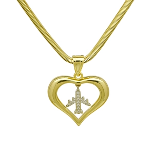 Detail of gold heart pendant with crystal airplane charm on a sleek snake chain necklace