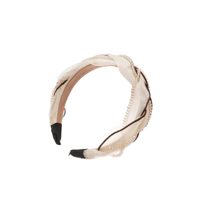 Elegant cream mesh twisted headband with pearl accents on a clean white background