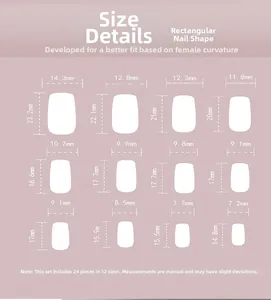 Size chart showing 24 pieces of square press-on nails in 12 different dimensions