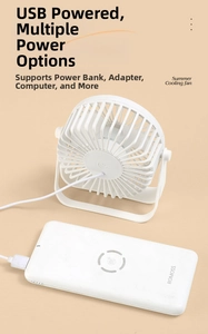 Close-up of a white USB desktop fan with a U-shaped stand and integrated power cable
