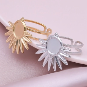Detail of adjustable sunburst ring blanks in gold and silver finish for DIY jewelry