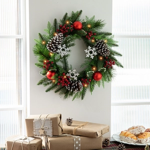 40CM Christmas wreath with PE pine needles, pine cones, red berries and LED lights