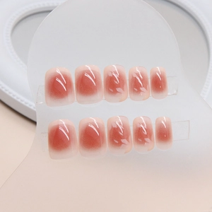 Short square ballet blush press-on nails with cherry blossom design and glossy finish