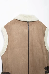 Detailed back view of brown suede vest with thick sherpa lining and buckled waist straps