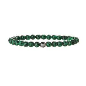 Bracelet en malachite verte avec une perle en métal facetté gris sur cordon élastique
