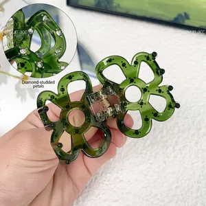 French style hollow flower hair claw clip with rhinestones and green acetate finish