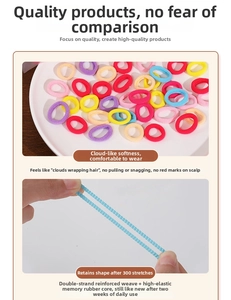 Detail showing elastic hair ties stretching test and diverse bright colors in a tray
