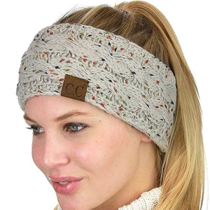 Chunky knit cable headband in beige with colorful specks and a C.C leather patch